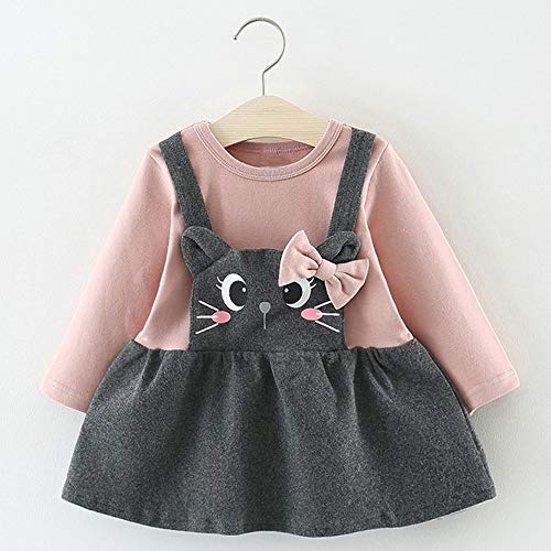 Logobeing Ropa Bebe Niña Manga Larga Arco de Dibujos Animados Gato Impresión Fiesta Princesa Vestido Tops Vestido de Fiesta Princesa (6-12 Mes, Rosado)
