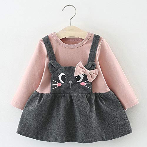 Logobeing Ropa Bebe Niña Manga Larga Arco de Dibujos Animados Gato Impresión Fiesta Princesa Vestido Tops Vestido de Fiesta Princesa (6-12 Mes, Rosado)