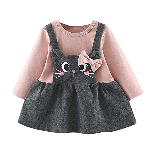 Logobeing Ropa Bebe Niña Manga Larga Arco de Dibujos Animados Gato Impresión Fiesta Princesa Vestido Tops Vestido de Fiesta Princesa (6-12 Mes, Rosado)