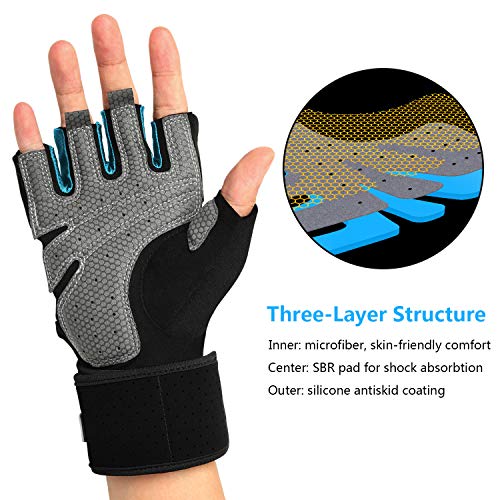 LOHOTEK Guantes Gimnasio Hombre Mujer Guantes Acolchados Unisex de Levantamiento de Pesos Guantes de Trabajo con Soporte de Muñeca para Ejercicio Físico Gimnasio al Aire Libre (Azul, L)