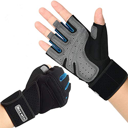 LOHOTEK Guantes Gimnasio Hombre Mujer Guantes Acolchados Unisex de Levantamiento de Pesos Guantes de Trabajo con Soporte de Muñeca para Ejercicio Físico Gimnasio al Aire Libre (Azul, L)