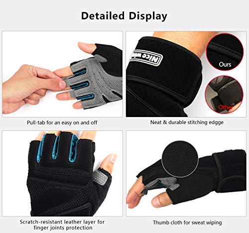 LOHOTEK Guantes Gimnasio Hombre Mujer Guantes Acolchados Unisex de Levantamiento de Pesos Guantes de Trabajo con Soporte de Muñeca para Ejercicio Físico Gimnasio al Aire Libre (Azul, L)