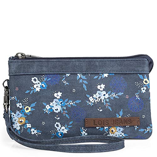 Lois - Cartera Billetero Tarjetero Monedero Triple de Mujer con asa de Mano, Cremallera y 3 Compartimentos. Protección RFID. Lona Estampada Floral y Piel sintética 304319, Color Azul