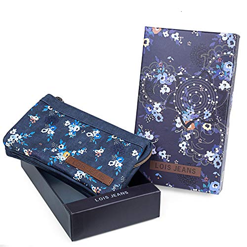 Lois - Cartera Billetero Tarjetero Monedero Triple de Mujer con asa de Mano, Cremallera y 3 Compartimentos. Protección RFID. Lona Estampada Floral y Piel sintética 304319, Color Azul