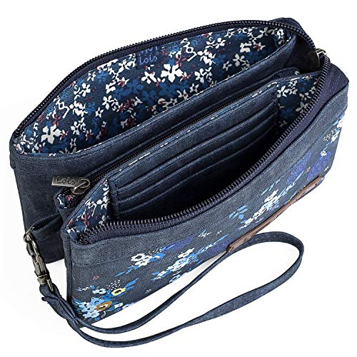 Lois - Cartera Billetero Tarjetero Monedero Triple de Mujer con asa de Mano, Cremallera y 3 Compartimentos. Protección RFID. Lona Estampada Floral y Piel sintética 304319, Color Azul