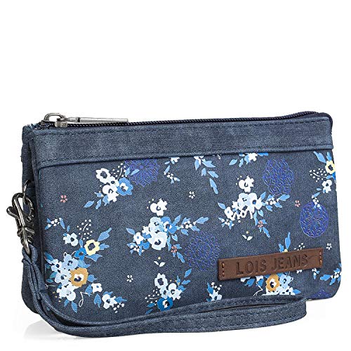 Lois - Cartera Billetero Tarjetero Monedero Triple de Mujer con asa de Mano, Cremallera y 3 Compartimentos. Protección RFID. Lona Estampada Floral y Piel sintética 304319, Color Azul