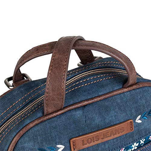 Lois - Mochila de Mujer de diseño Casual. utilizable como Bolso Bandolera. Lona Denim Estampada y Cuero PU Bordado. Calidad diseño y Marca. cómoda y Ligera 304392, Color Azul