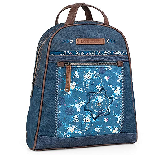 Lois - Mochila de Mujer de diseño Casual. utilizable como Bolso Bandolera. Lona Denim Estampada y Cuero PU Bordado. Calidad diseño y Marca. cómoda y Ligera 304392, Color Azul