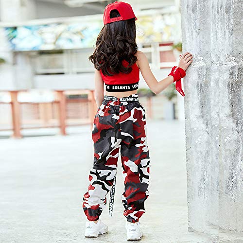 LOLANTA 2 Piezas Niñas Hip Hop Street Dance Ropa Individual Juego Crop Tank Top + Camuflaje Pantalones Basculador (15-16 años, Rojo)