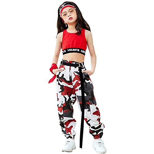 LOLANTA 2 Piezas Niñas Hip Hop Street Dance Ropa Individual Juego Crop Tank Top + Camuflaje Pantalones Basculador (15-16 años, Rojo)