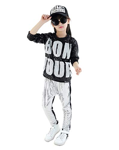 LOLANTA Disfraz de Danza con Lentejuelas para niñas niños diseño Moderno de Jazz Hip Hop (Plata, 11-12 años)