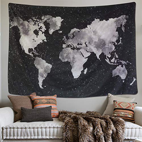 LOMOHOO Tapiz Mapa del Mundo para Pared Decoración Retro Tapiz de Tela de poliéster para Colgar Pared para Sala de Estar habitación Decoraciones Habitación En Blanco y Negro (130cm*150cm)