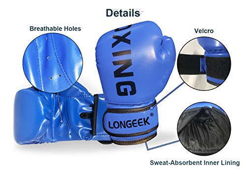 Longeek Guantes de Boxeo para niños, 4 oz, Guantes de Boxeo, Guantes de Entrenamiento de Combate de Dibujos Animados, para Pelear, Kick Boxing PU Azul