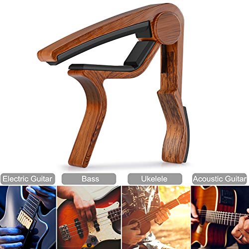 LongJoy Capo con traje de acabado en madera Ukelele, acústica, eléctrica y bajo (color madera)