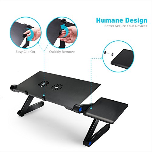 LONGKO Ergonómico Ajustable Portátil Mesa Portátil, Soporte de Portátil,Soporte de Notebook con Tablero de Rratón y Dual Ventilador Enfriador de Enfriamient（Negro）