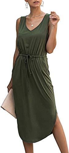 Longwu Mujer Cuello en V sin Mangas sin Mangas con cordón Lateral con Cintura Dividida Vestido de Chaleco a Media Pierna con Bolsillo Verde-L