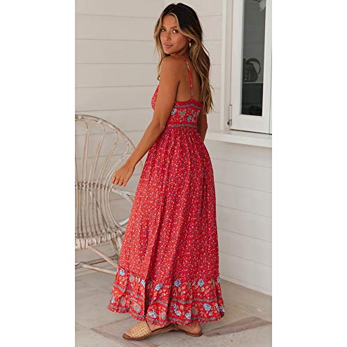 Longwu Vestido Maxi de Verano con Cuello en V Floral Sexy Boho de Las Mujeres Correa de Espagueti Ajustable sin Respaldo Cintura elástica Vestido de Verano Rojo-XL