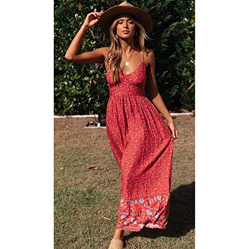 Longwu Vestido Maxi de Verano con Cuello en V Floral Sexy Boho de Las Mujeres Correa de Espagueti Ajustable sin Respaldo Cintura elástica Vestido de Verano Rojo-XL