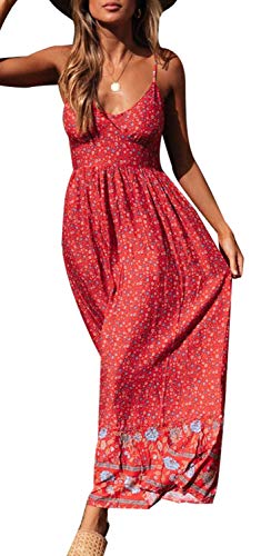 Longwu Vestido Maxi de Verano con Cuello en V Floral Sexy Boho de Las Mujeres Correa de Espagueti Ajustable sin Respaldo Cintura elástica Vestido de Verano Rojo-XL