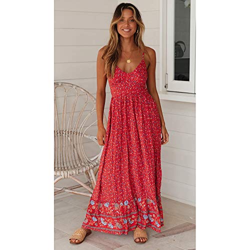 Longwu Vestido Maxi de Verano con Cuello en V Floral Sexy Boho de Las Mujeres Correa de Espagueti Ajustable sin Respaldo Cintura elástica Vestido de Verano Rojo-XL