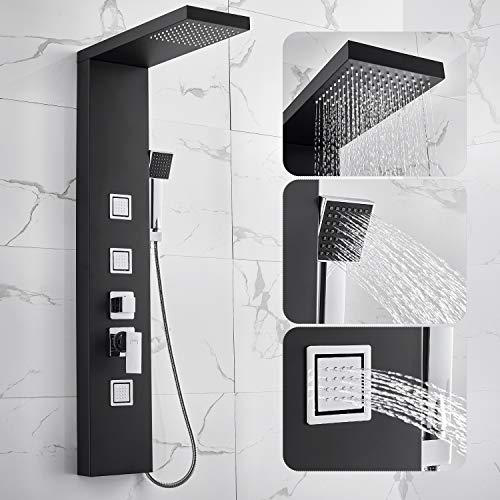 Lonheo Columna de Ducha Hidromasaje de Acero Inoxidable 304, Panel de Ducha Multifuncional Altura 117.7CM de pared, Negro Lonheo Columna de Ducha Hidromasaje de Acero Inoxidable 304, Panel de Ducha Multifuncional Altura 117.7CM de pared, Negro
