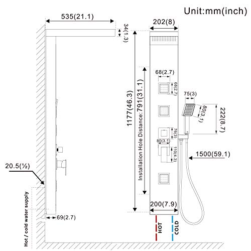 Lonheo Columna de Ducha Hidromasaje de Acero Inoxidable 304, Panel de Ducha Multifuncional Altura 117.7CM de pared, Negro