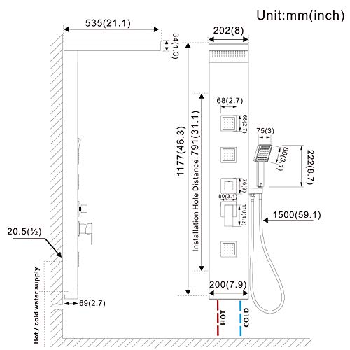 Lonheo Columna de Ducha Hidromasaje de Acero Inoxidable 304, Panel de Ducha Multifuncional Altura 117.7CM de pared, Negro Lonheo Columna de Ducha Hidromasaje de Acero Inoxidable 304, Panel de Ducha Multifuncional Altura 117.7CM de pared, Negro
