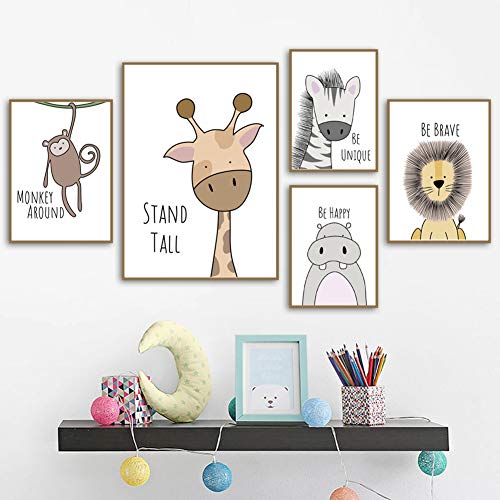 Lorcoo Cuadros Infantiles, Juego de 6 pósteres para habitación de bebé laminas para cuadros infantiles animales, DINA4 sin marco, Decoración para niñas y niños