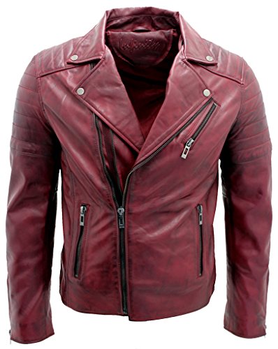 Los hombres borgoña delgada cruz de la vendimia zip chaqueta de motociclista de cuero Brando M Los hombres borgoña delgada cruz de la vendimia zip chaqueta de motociclista de cuero Brando M