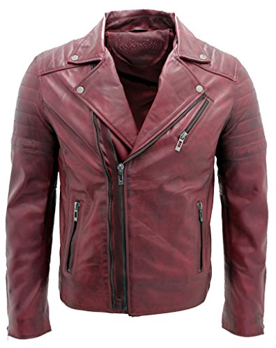 Los hombres borgoña delgada cruz de la vendimia zip chaqueta de motociclista de cuero Brando M Los hombres borgoña delgada cruz de la vendimia zip chaqueta de motociclista de cuero Brando M