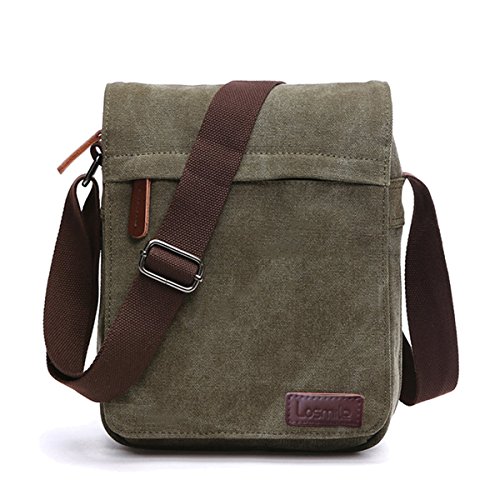 LOSMILE Bolsos bandolera de Hombres, Bolso de Hombro de Lona, Bolsas mensajero para portátiles, Bolsas escolares, Trabajo y escuela. (M-Army Green)