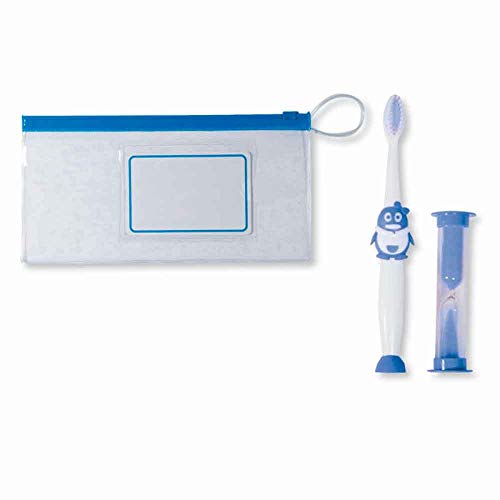 Lote de 30 Set Cepillo de Dientes Infantil Pingüino, con Reloj de Arena y Neceser.Regalos para cumpleaños Infantiles, colegios, Fiestas de niños.