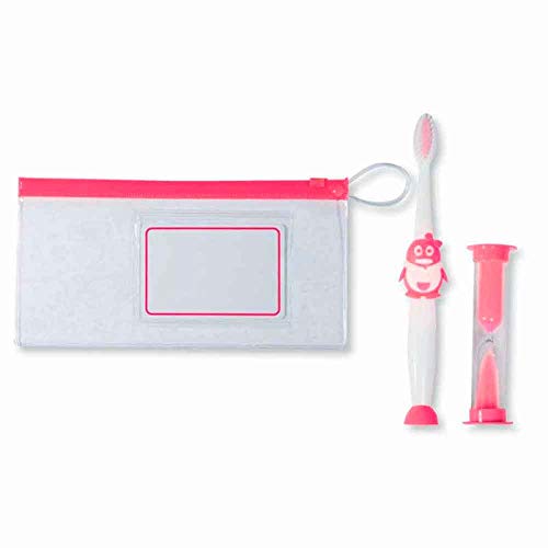 Lote de 30 Set Cepillo de Dientes Infantil Pingüino, con Reloj de Arena y Neceser.Regalos para cumpleaños Infantiles, colegios, Fiestas de niños.