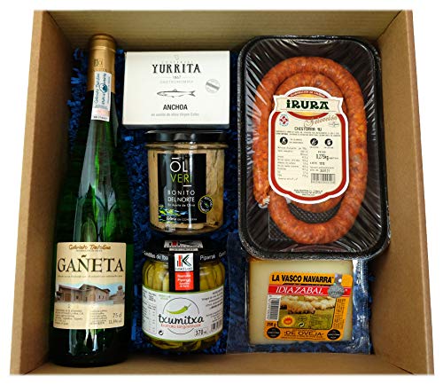 Lote Gourmet de Productos Vascos Premium - Basque Deli - 6 Productos (Txakoli, Txistorra, Queso Ahumado Idiazabal, Bonito del Norte, Anchoas del Cantábrico y Guindillas de Ibarra)