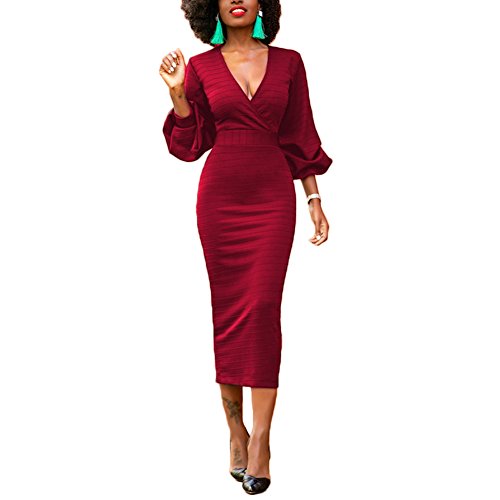 Lover-Beauty Vestido Mujer Elegante Largo Sexy Verano Moda Mujer Ropa Escote-V Manga Larga Ajustado Falda Manga Abullonada Maxi Lover-Beauty Vestido Mujer Elegante Largo Sexy Verano Moda Mujer Ropa Escote-V Manga Larga Ajustado Falda Manga Abullonada Maxi