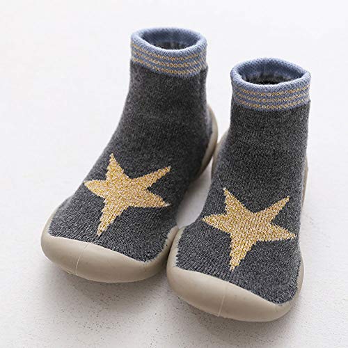 LPATTERN Calcetines Estampados Primeros Pasos con Suela de Goma Antideslizantes para Bebés Niños Zapatillas de Algodón Invierno, Gris con Estrella, 20/21 Longitud Interior:12.5cm