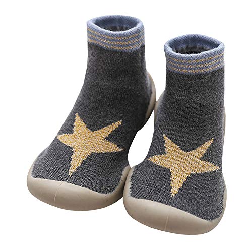 LPATTERN Calcetines Estampados Primeros Pasos con Suela de Goma Antideslizantes para Bebés Niños Zapatillas de Algodón Invierno, Gris con Estrella, 20/21 Longitud Interior:12.5cm