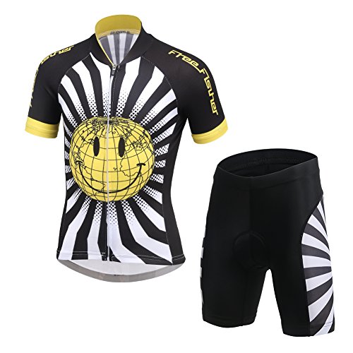 LPATTERN Ropa Conjunta de Ciclismo Bicicleta Maillot de Manga Corta + Pantalones Secado Rápido para Niños Niñas, Negro/Amarillo, 10-11 años/XL