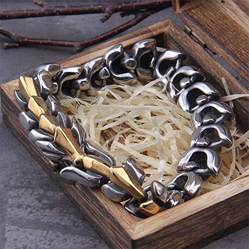 LRKZ Pulsera Nórdica de Dragón Celta Vikingo para Hombre, Pulsera de Acero Inoxidable Pesada Vintage con Eslabones de Hueso Dragón Brazalete Amuleto Joyería Pagana Pulida,Mixed Gold,22CM