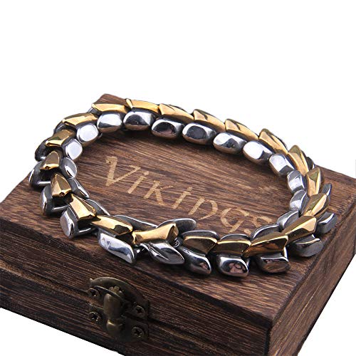 LRKZ Pulsera Nórdica de Dragón Celta Vikingo para Hombre, Pulsera de Acero Inoxidable Pesada Vintage con Eslabones de Hueso Dragón Brazalete Amuleto Joyería Pagana Pulida,Mixed Gold,22CM