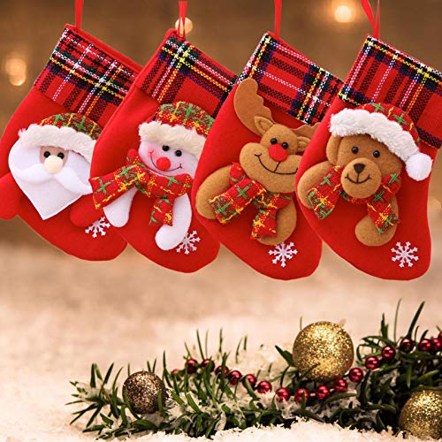 LS LETONG SINIAN Calcetín de Navidad, 4 Piezas de Medias de Navidad con patrón de Reno de muñeco de Nieve de Santa | Bolsa de Dulces con Adornos navideños | Relleno y Adornos navideños Calcetín