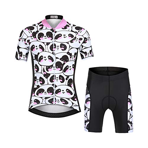 LSHEL Niños Niñas Secado Rápido Maillot de Ciclismo Conjunto de Jersey Manga Corta + Pantalones Cortos Transpirable Ciclismos Traje, Bebé Panda, 10-11años/EU: L(Etiqueta: XL)