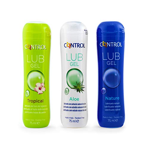 Lubricante Intimo CONTROL Kit de 3 Geles: Nature 75 ml + Tropical 75 ml + Aloe 75 ml, Gel natural, aroma a fruta de la pasión, extracto natural de aloe, no engrasa, no ensucia y no mancha, 225 ml