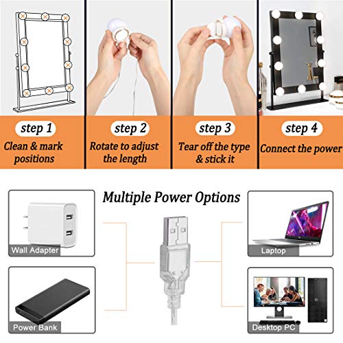 Luces de Espejo Maquillaje, LED Lámpara de Espejo Cosmético de Tocador con Estilo Hollywood con USB Puerto, Kit Luz Baño 10 Bombillas Dimmable 3 Modos y 10 Brillo Para DIY (Sin Espejo y Cargador USB) Luces de Espejo Maquillaje, LED Lámpara de Espejo Cosmético de Tocador con Estilo Hollywood con USB Puerto, Kit Luz Baño 10 Bombillas Dimmable 3 Modos y 10 Brillo Para DIY (Sin Espejo y Cargador USB)