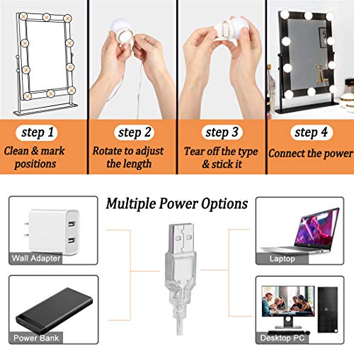 Luces de Espejo Maquillaje, LED Lámpara de Espejo Cosmético de Tocador con Estilo Hollywood con USB Puerto, Kit Luz Baño 10 Bombillas Dimmable 3 Modos y 10 Brillo Para DIY (Sin Espejo y Cargador USB)