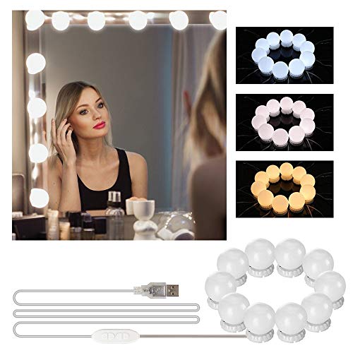 Luces de Espejo Maquillaje, mixigoo Luz de Tocador Luces de Maquillaje LED de Estilo Hollywood Luz de Maquillaje con 10 Bombillas Regulables 3 Modos de Color LáMpara de Espejo CosméTico de Tocador