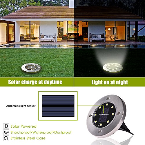 Luces Solar de Tierra Luz 8 LED, WZTO 400LM Luces Solares Jardin Impermeable Lámpara en el Exterior, Patio, Entrada de Garaje, Césped, Decoración de Camin