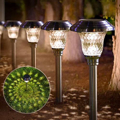 Luces solares de exterior de acero inoxidable y cristal, resistentes al agua, encendido y apagado automático, inalámbricas, para jardín, patio, camino, paisaje, decoración navideña (4 unidades)