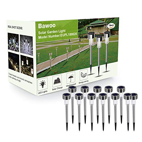 Luces Solares Jardín LED Bawoo 12PCS IP65 Jardín Lámpara de Camino de Paisaje Iluminación de Exterior Impermeable Luce de Solare Acero Inoxidable Blanco Para Patio Césped Pasillo Terraza Sin Cables