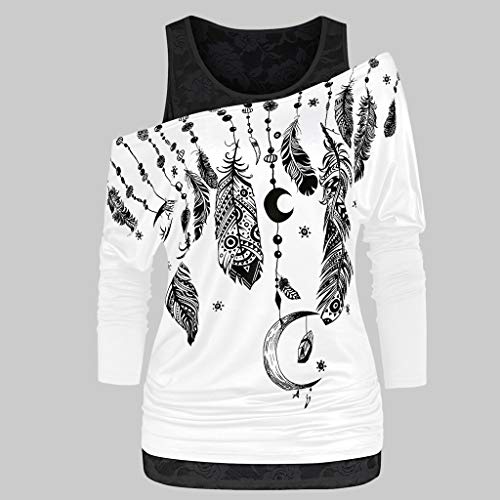 Luckycat Mujer Casual 2 in 1 Camiseta Manga Larga Suelto T-Shirt Tops Mujer Casual Camiseta Manga Corta Sin Tirantes Otoño Estampado de Plumas Suelto T-Shirt Tops